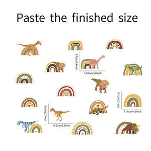 Gedetailleerde maatspecificaties voor muurstickers met cartoon dinosaurussen en regenbogen