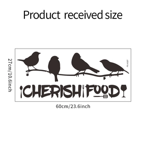 Kitchen wall sticker dimensions showing birds and Cherish Food text 60x27cm layout