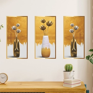 Triptych of 3D embossed floral vases wall stickers in gold and ivory for home decor