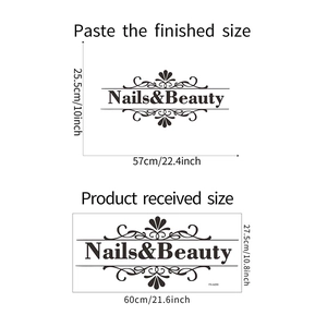 Detail view of Nails & Beauty wall sticker dimensions and layout measurements for salon decor