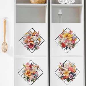 Minimalist grid wall stickers with painted floral and leaf designs for home decor