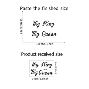 Detailed size chart for My King and My Queen vinyl wall stickers with layout dimensions