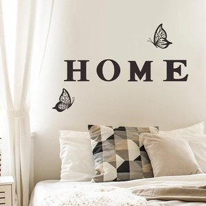 Black HOME wall decal with butterfly accents for minimalist living room decor