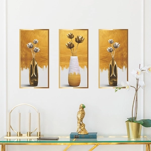 Three-piece modern abstract relief vase wall stickers with luxury gold and white floral motifs
