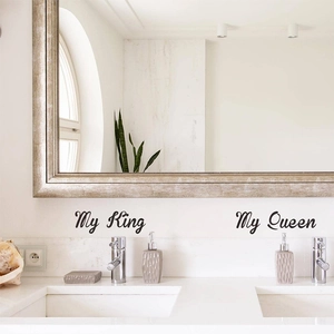 Modern bathroom wall stickers featuring My King and My Queen elegant black lettering