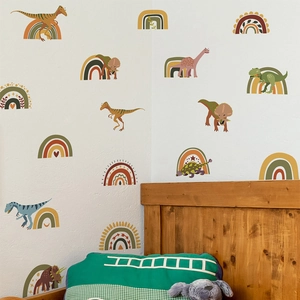 Boho dinosaurus en regenboog muurstickers voor decoratie van de kinderkamer muur