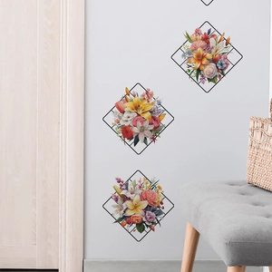 Artistic diamond floral wall stickers with painted lilies and roses for home decor