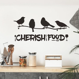 Cartoon birds on branch wall sticker with Cherish Food quote for kitchen decor