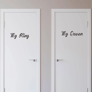 Elegant My King and My Queen wall stickers in black script for bedroom door decor