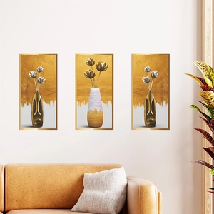 3-piece relief flower vase wall stickers with golden lotus design for living room decor