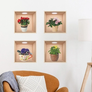 Adesivi murali 3D piante in vaso acquerello con effetto nicchia per decoro soggiorno