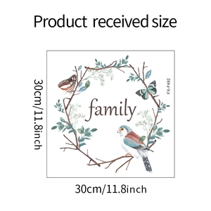 Détail de l'autocollant mural couronne familiale avec oiseaux et mesure de taille 30cm