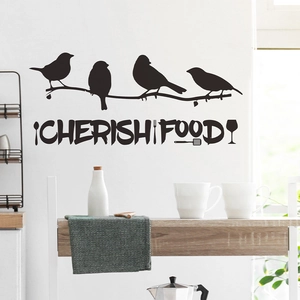 Black kitchen wall decal with bird silhouettes and Cherish Food text on white wall