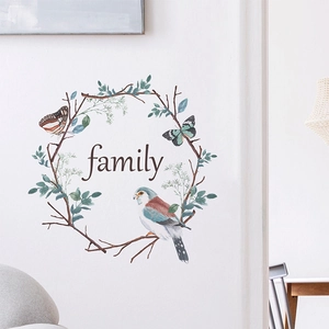 Sticker Mural Couronne Aquarelle Avec Oiseau Papillon Citation Family PVC Amovible Décoration Rustique Porte Murale