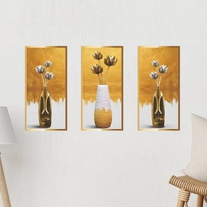 Modern 3-piece abstract 3D floral wall art decals with gold vases and silver flowers