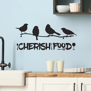 Black birds on branch wall sticker with Cherish Food text for kitchen decor