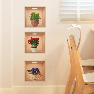 Adesivi murali 3D piante in vaso acquerello con cornici in legno per decoro casa