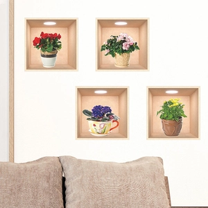 Adesivi Murali Piante in Vaso 3D Visivi in PVC Impermeabile Fiori Design a Nicchia Decalcomanie per Soggiorno Camera da Letto Home Decor
