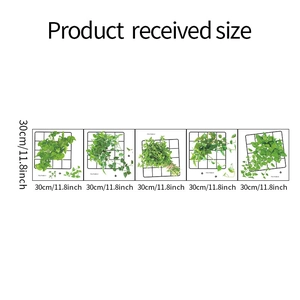 Detailed size chart for five artificial wall plants with black metal grid base panels