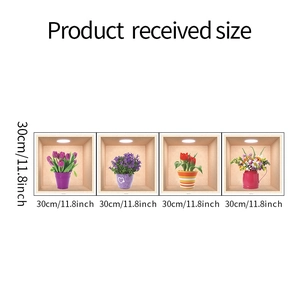 Detailed view of four 3D lavender and tulip wall stickers with 30cm size markings