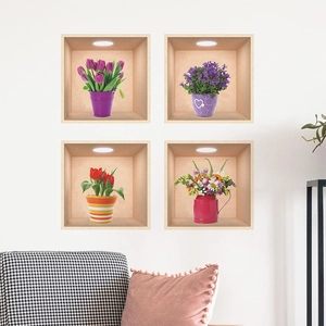 3D purple lavender and tulip wall decals in wooden niches for living room decoration