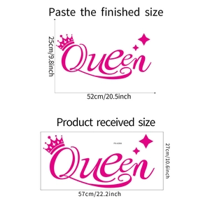 Detailed size guide for pink Queen wall sticker with crown and star decorations