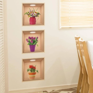 3D lavender and tulip flower wall stickers in faux niche design for home decoration