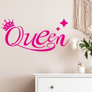 Hot pink Queen wall decal with crown and stars for modern bedroom and living room decor