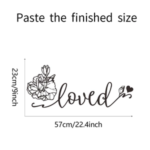 Floral wall sticker with Loved lettering and heart detail, 57x23cm dimensions