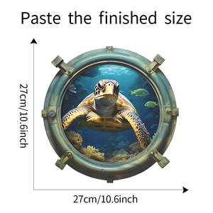 Détail du sticker mural tortue 3D en hublot avec dimensions précises de 27cm x 27cm