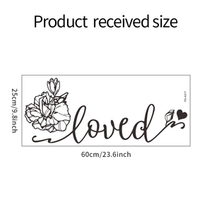Detail showing loved typography wall sticker and flower dimensions 60cm by 25cm