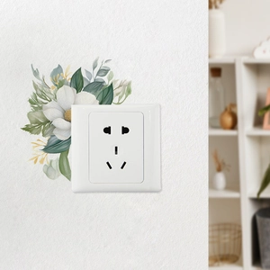 Modern floral light switch wall sticker with white watercolor flowers and green leaves