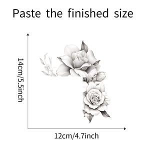 Detailed dimension layout for black and white sketch rose flower wall sticker decal