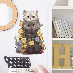 Cartoon cats stacking and colorful flowers wall sticker for nursery or children room decor