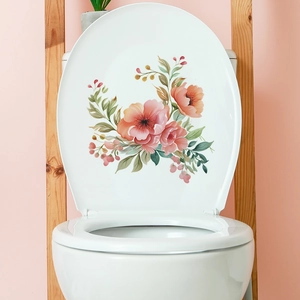 Watercolour pink flowers and green leaves self-adhesive wall decal for toilet lid decoration