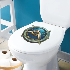 Sticker 3D hublot tortue marine pour abattant de WC décor mural de salle de bain océan