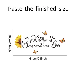 Dimensions détaillées du sticker mural cuisine tournesol avec citation amour 61x28cm