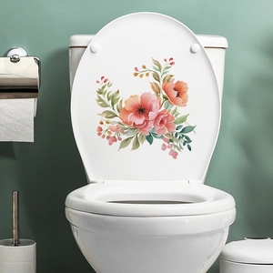 Watercolor pink floral wall stickers on a white toilet lid for bathroom home decoration