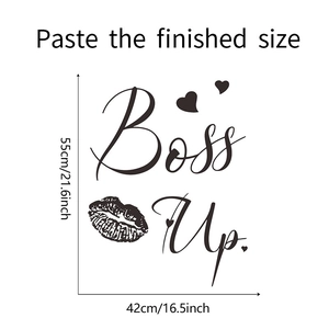 Detail showing Boss Up wall decal with lip print and heart stickers, 55cm by 42cm dimensions