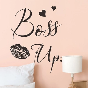 Boss Up quote wall sticker with creative red lip print and hearts for home wall decor