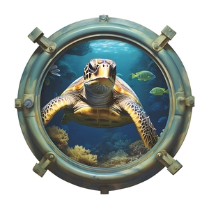 Sticker mural 3D hublot de sous-marin avec tortue de mer et décor de corail