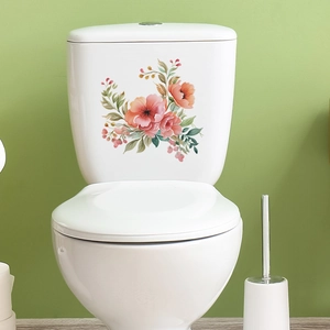 Watercolor Pink Flower Green Plant Bathroom Wall Sticker PVC Self Adhesive Home Toilet Decor Waterproof Floral Decal