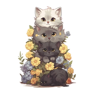 Cute cartoon stacking cats wall stickers for kids nursery room with colorful flowers