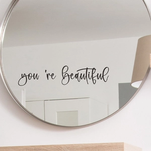 Modern You're Beautiful vinyl mirror wall sticker with elegant black handwriting script