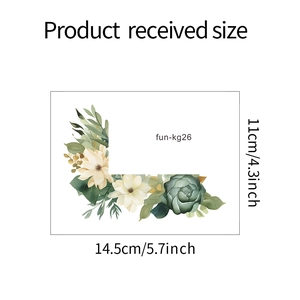 Detailed size chart showing 14.5x11cm dimensions for green leaf floral wall stickers