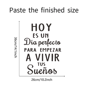 Macro detail of Spanish wall sticker showing 36x26cm dimensions and quote