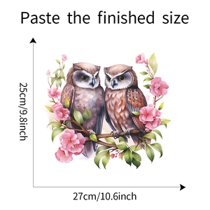 Vue détaillée du sticker mural hiboux sur branche fleurie avec dimensions indiquées