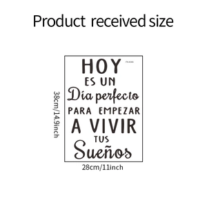 Detailed size chart for the inspirational quote wall sticker measuring 28x38 cm