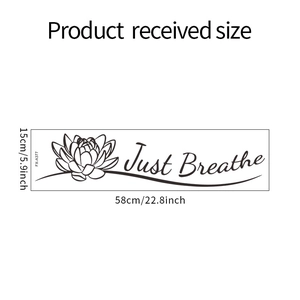 Detail view of lotus wall sticker showing product size 15x58cm with Just Breathe text