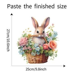 Detailed dimensions of cute rabbit in flower basket wall sticker, 25cm x 27cm size